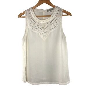 Chloe K cream laser cut sleeveless blouse w/gold
